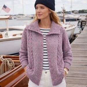LL Bean Womens XL Purple Cable Knit Cardigan Sweater Wool Blend Button Front